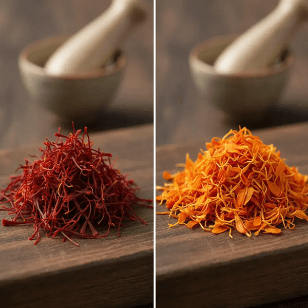 Authentic saffron (left) vs fake safflower petals