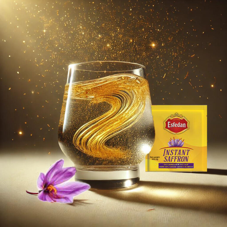DALL·E 2025 01 11 15.52.08 – A visually appealing scene featuring a glass with saffron granules being dissolved in water, creating an elegant swirl of golden color. The glass is p