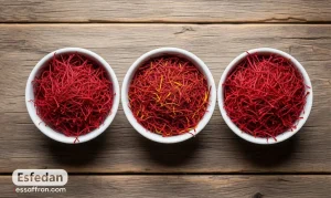 Assorted Iranian saffron types: Super Negin, Negin, Sargol, Pushal, Dasteh