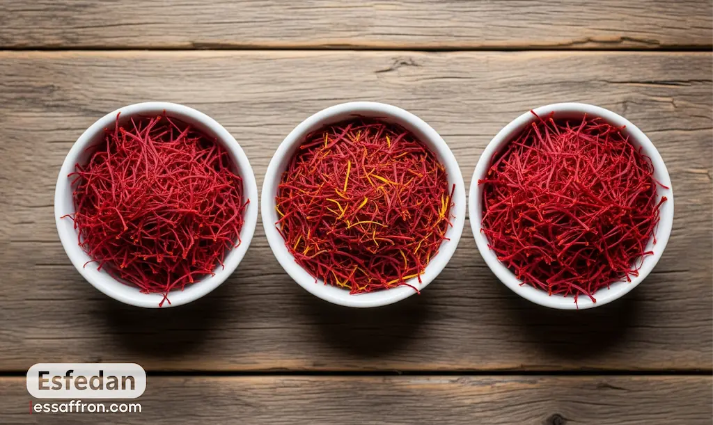 Assorted Iranian saffron types: Super Negin, Negin, Sargol, Pushal, Dasteh